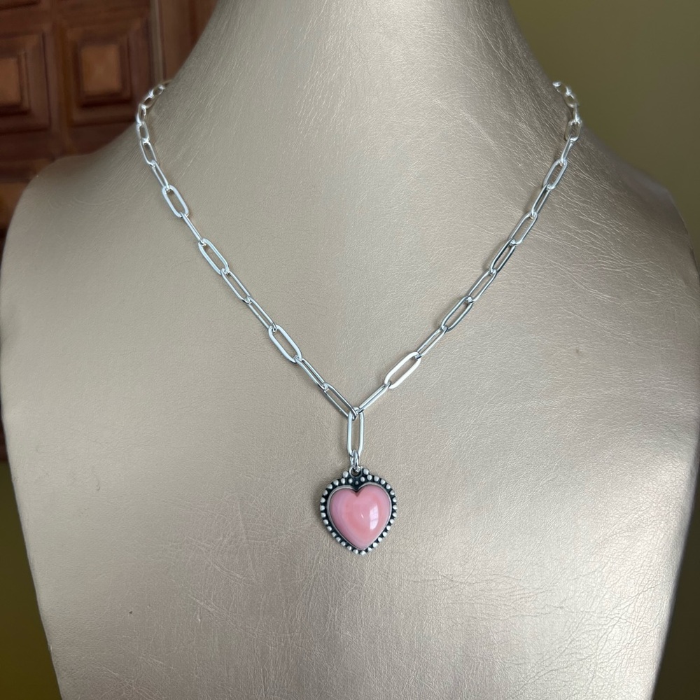 Pink Conch Heart Sterling Silver Paperclip Necklace
